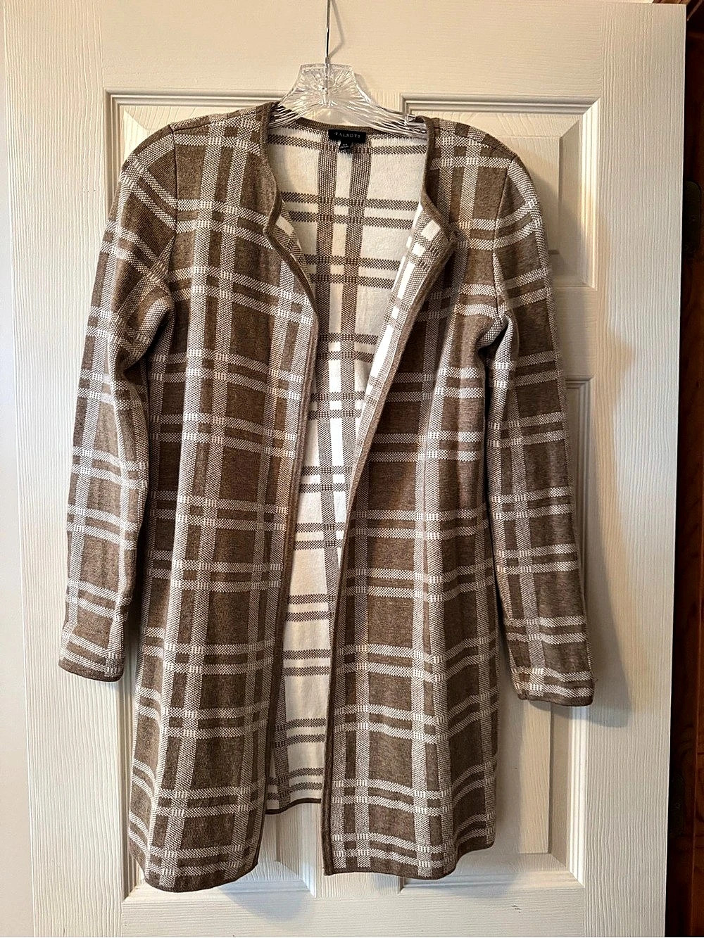 Talbots Open Front Plaid Cardigan Brown Cream XS Like New